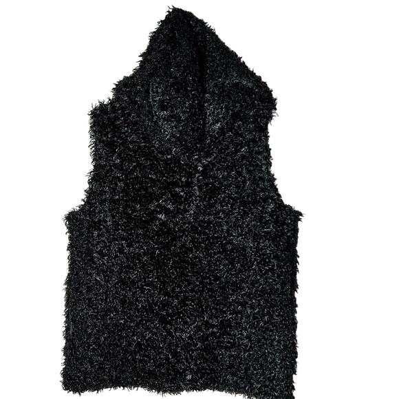 Sharagano Studio Fuzzy Black Vest Petite Large with Hood and Pockets - Picture 3 of 6